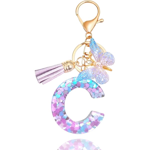 Lilla-Blå Pink Grøn Harpiks Alfabet Initial Bogstav Nøglering Tassel Butterfly Nøglering til Pung Håndtaske Bilnøgler Purple Bue-c