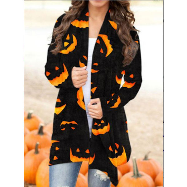 Naisten Halloween-kurpitsakasvoinen neulottu pitkähihainen avoin neulottu neuletakki musta 2XL