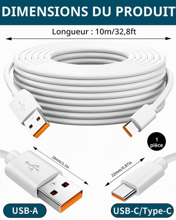 USB-A til USB-C datakabel, 10 meter, hurtigopladning, datakabel til lang afstand, velegnet til kameraer, tablets, smartphones og spillekonsoller.