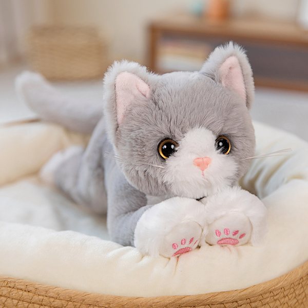 Mjuk Plysch Kattdocka Vit och Grå Kattunge Design Fylld Leksak för Flickor
