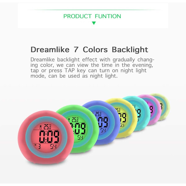 Barnklocka, digital klocka med 7-färgad nattlampa, väckarklockor för pojkar flickor, batteridriven snooze-funktion, klocka för sängbord sovrum skrivbord
