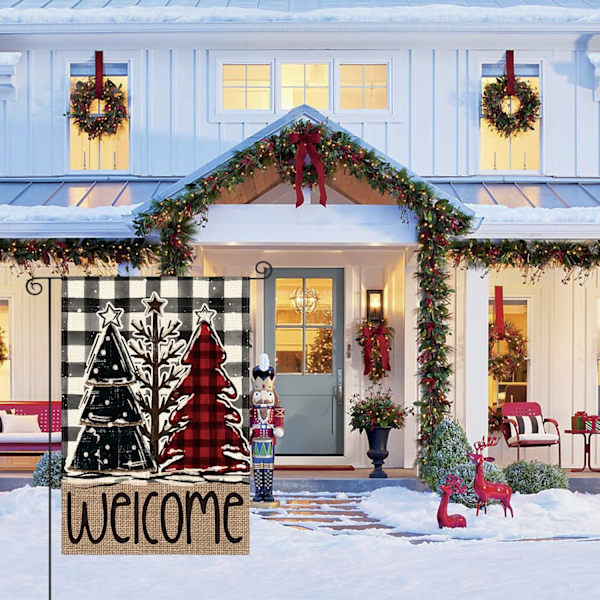 Glædelig Jul Træ Haveflag 12x18 Tommer Dobbeltsidet Ude, Rustik Buffalo Plaid Vinter Burlap Have Udendørs Dekorativt Flag