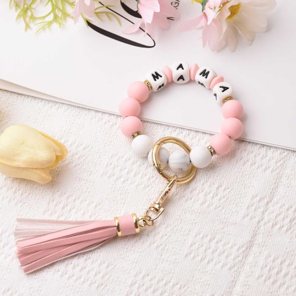 Silikonperle Armbånd Nøglering Håndledsrem Nøglering Bangle Kæder til Kvinder med Læder Kvast Mama-pink