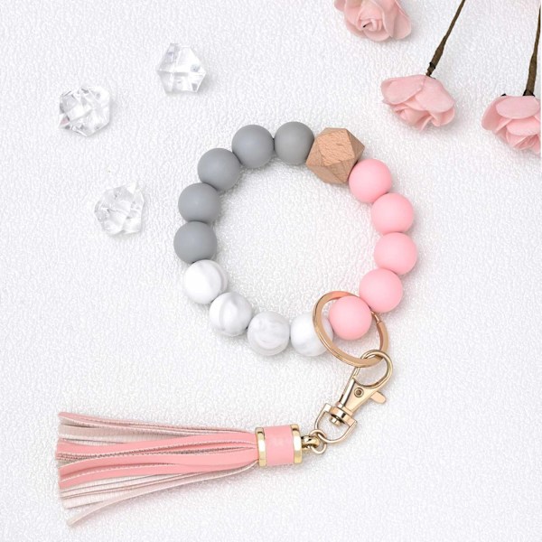 Silikonperle Armbånd Nøglering Håndledsrem Nøglering Bangle Kæder til Kvinder med Læder Kvast Pink