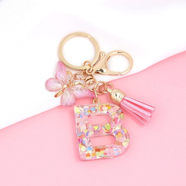 Mode Alphabet Initial Bogstav Nøglering Tassel Butterfly Vedhæng Nøglering til Pung Håndtasker Kvinder Pige Pink Butterfly Letter B