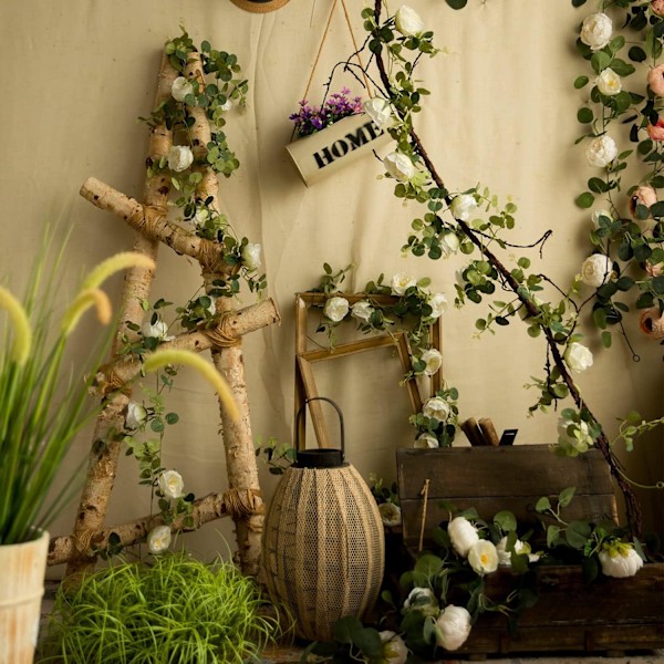 2 stk. Kunstig Eucalyptuskrans med Blomst, 8 Hoder Pionblomst Vines, Grønn Blomsterkrans Dekorasjon for Bryllupsbue, Vegg Bakgrunn, Bryllup white