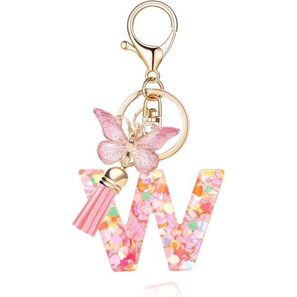 Mode Alphabet Initial Bogstav Nøglering Tassel Butterfly Vedhæng Nøglering til Pung Håndtasker Kvinder Pige Pink Butterfly Letter W