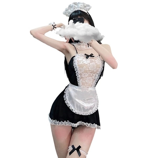 Alluring Plus - size Lingerie: Sexy Maid - inspired Lace-hollow-out Set with Black Fishnet Stockings-One-size (80-120 lbs) for Captivating Role-play