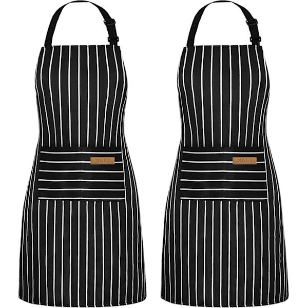 2 Pak Køkken Kogeforklæder, Justerbar Bib Blød Kokkeforklæde med 2 Lommer til Mænd Kvinder       Hvid/Sort-2 White/Black-2