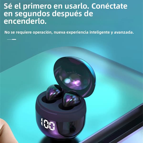 Mini Bluetooth 5.3 trådløse øretelefoner med LED-batteriindikator, in-ear design.