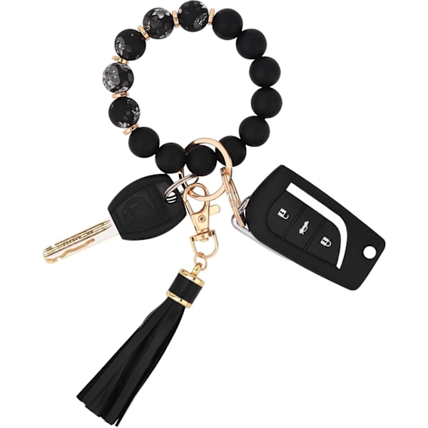 Silikonperle Armbånd Nøglering Håndledsrem Nøglering Bangle Kæder til Kvinder med Læder Kvast Flower Black