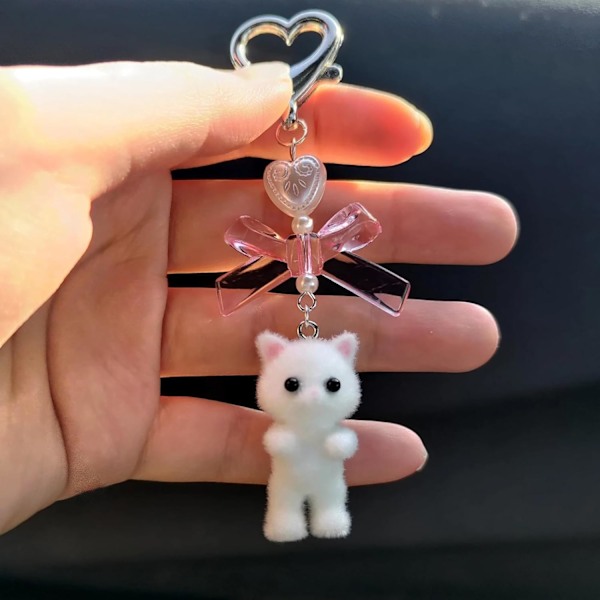 Sød Kat Nøglering, Fuzzy Kitty Cat Dekoration Gaver Katte Elskere Hjerte Bue Vedhæng Kvinder Piger Kawaii Kat Taske Charm White