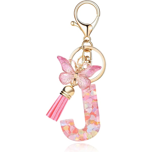 Mode Alphabet Initial Bogstav Nøglering Tassel Butterfly Vedhæng Nøglering til Pung Håndtasker Kvinder Pige Pink Butterfly Letter J