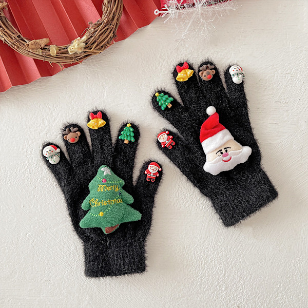 Julehandsker til Mænd og Kvinder i Vinter - Bløde og Varme Fem - fingers Handsker med Dukke Design til Udendørs Kørsel og Studerende, Sort White