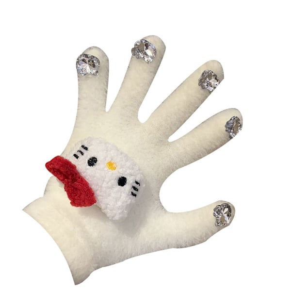 Glitterhansker for kvinner om vinteren - Varme, fluffy Hello KT - tema pelsvotter med tykkelse for studenters fem - fingers beskyttelse! white