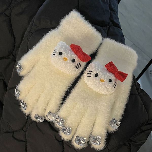 Glitterhansker for kvinner om vinteren - Varme, fluffy Hello KT - tema pelsvotter med tykkelse for studenters fem - fingers beskyttelse! white