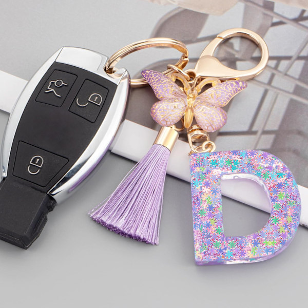 Sødt Rosa Nøglering til Kvinder Piger, Initialbogstav Nøglering med Kvast, Charms til Nøglepung Håndtasker Rygsække Purple Butterfly Letter-d