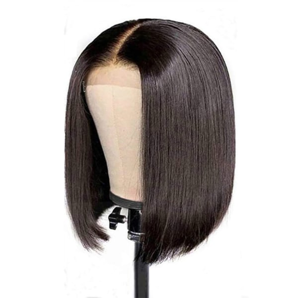 Kort svart rett hår for kvinner med midtdelt parykk svart (parykk + hårnett) 12 tommer