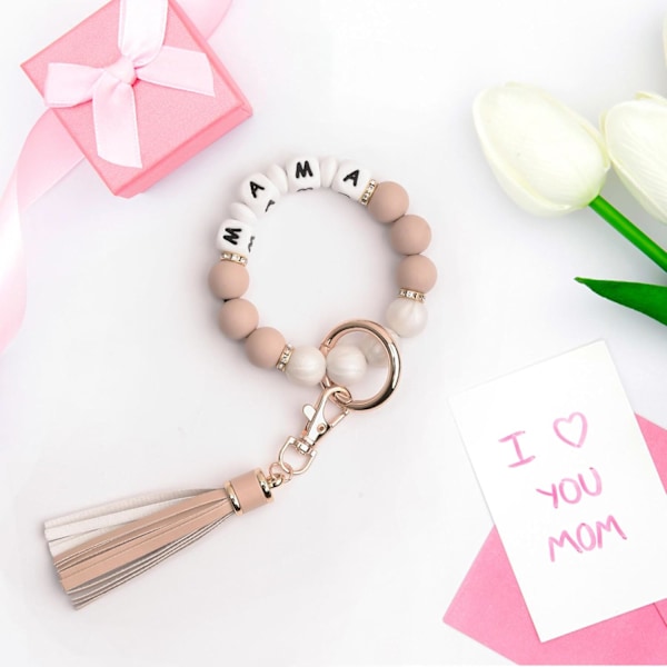 Silikonperle Armbånd Nøglering Håndledsrem Nøglering Bangle Kæder til Kvinder med Læder Kvast Mama Khaki