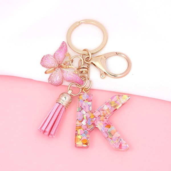 Mode Alphabet Initial Bogstav Nøglering Tassel Butterfly Vedhæng Nøglering til Pung Håndtasker Kvinder Pige Pink Butterfly Letter K