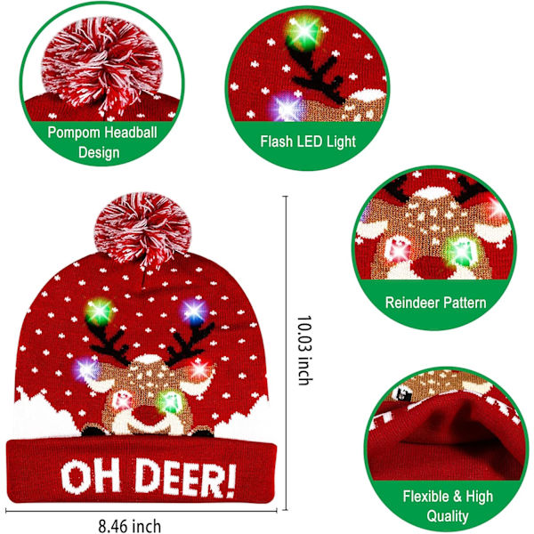 2-pack Jultomte LED-stickad mössa med blinkande ljus - Färgglada blinkande juldekorationer för fest (One Size Fits More) Green, Red