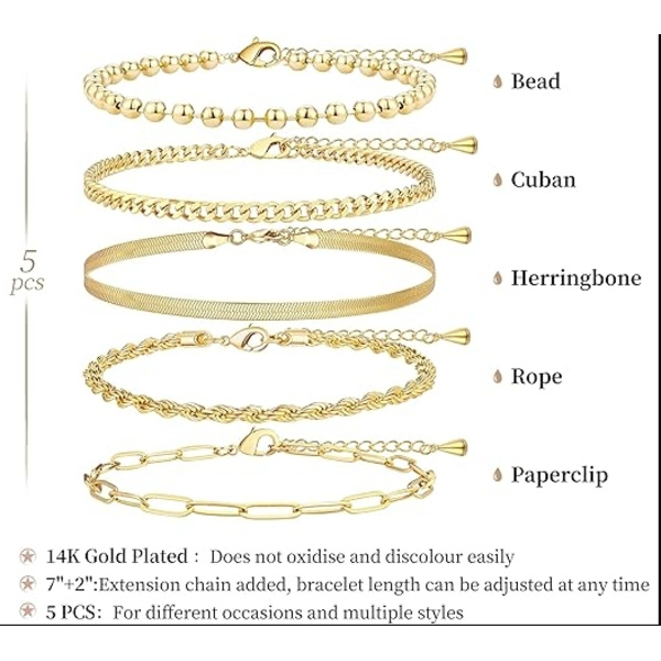 Guld Armbånd til Kvinder, Fint Armbåndssæt til Kvinder Trendy, Guld Armbånd Stak Med Perler, Cubansk, Papirclips, Hjerte, Slange, Reb, Perle