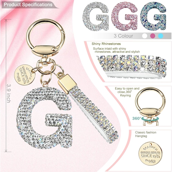 Rosa Blå Vit Initialbokstav Nyckelring Present till Kvinnor Flickor Bling Glittrande Söt Ryggsäck Bilnyckel Tillbehör Snodd G-white