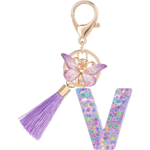 Sööt roosad võtmehoidjad naistele ja tüdrukutele, algustähega võtmehoidjad tutiga, ripatsid võtmetele, rahakotile, käekottidele ja seljakottidele Purple Butterfly Letter-v