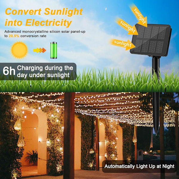Solcelled Feelysslyng Utendørs 1 Stykke 10 m 100 LED Kobbertråd, Minne med 8 Moduser IP65 Vanntett Dekorasjon for Hage, Trær, Balkong, Terrasse, Port, Y
