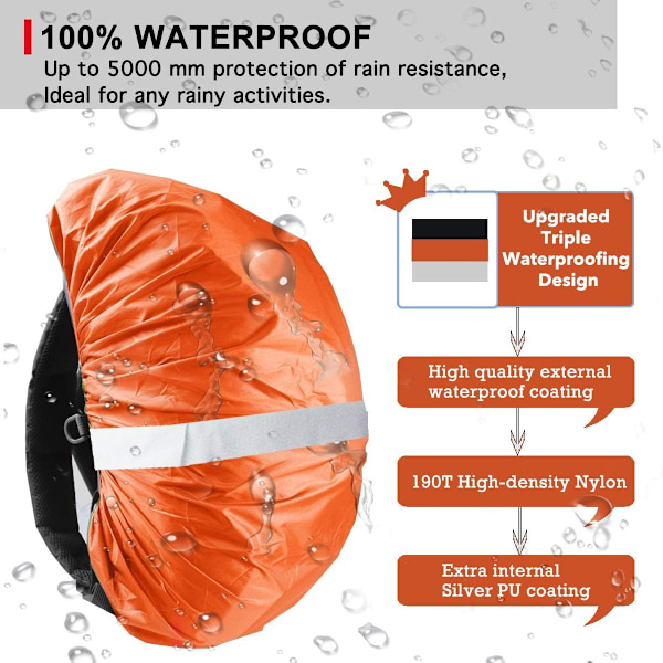 Hög Synlighet Ryggsäcksregnöverdrag med Reflekterande Remsa 100% Vattentät Ultralätt Ryggsäcksöverdrag, Förvaringsficka, Orange M (För 25L-35L Ryggsäck) Orange M