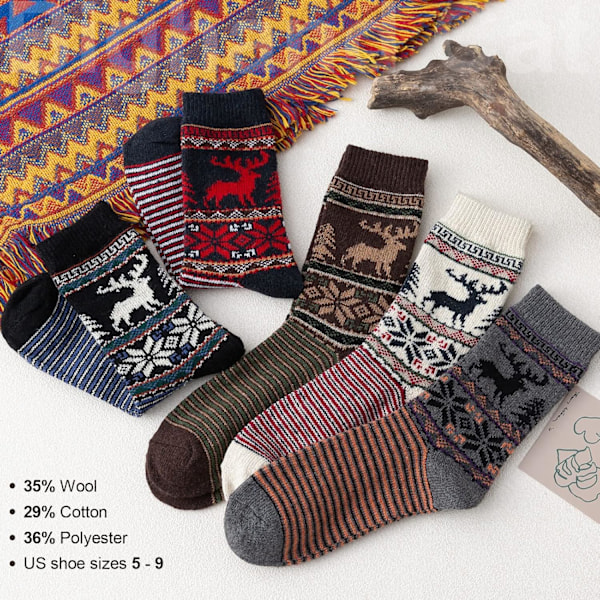 5 Par Dame Vintage Stil Tykke Uld Varme Vinter Strømper A5