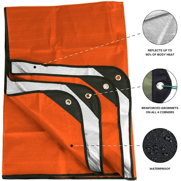 Tjockt överlevnadsfilt - Isolerande termisk reflekterande presenning - 60\" x 82\". Allväder, återanvändbar nödfilt för bil eller camping (Orange) Orange