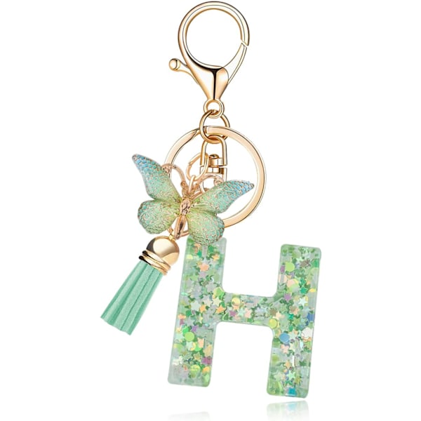 Mode Alphabet Initial Bogstav Nøglering Tassel Butterfly Vedhæng Nøglering til Pung Håndtasker Kvinder Pige Green Butterfly Letter H