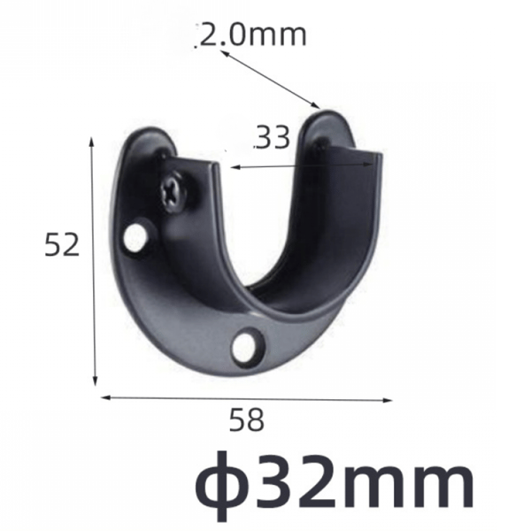 4-delt sort rustfrit stål tøjstang holder sæt, garderobestøttefod, gardinstang, 32 mm rør diameter