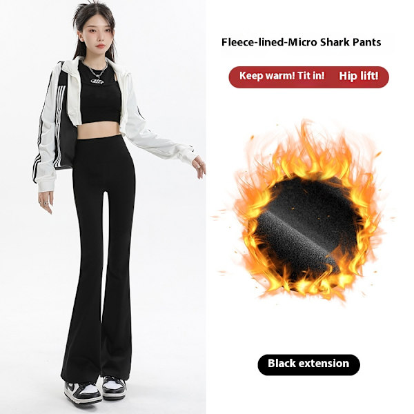 Damernas Vintermode-Huvudnummer: Svarta Fleecefodrade Flared Sharkbyxor - Lång längd, Hög midja, Slim Fit, för Snygg Ytterklädsel under Kalla Dagar! M (suitable for 80-100 catties)