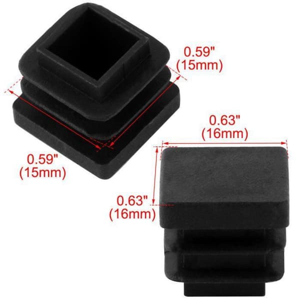 Møbel endehætter 16 × 16 mm, firkantede plastikglidere, sort