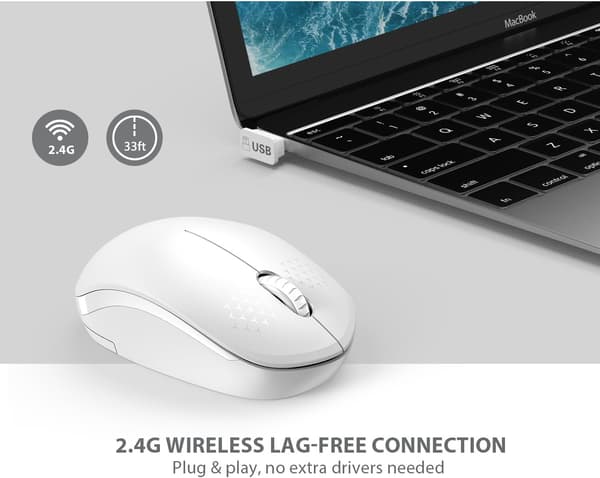 Trådløs mus, 2,4G lydløs med USB-modtager - Bærbare computermus til tablet, bærbar computer (Hvid)