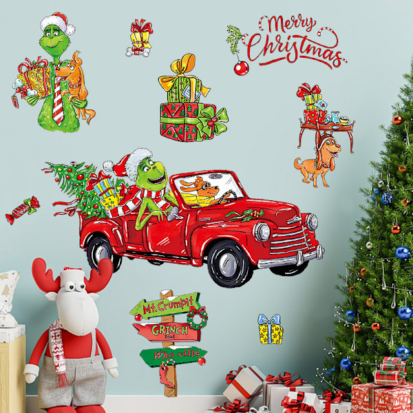 Grinch Veggdekor - 17 stk i 2 ark med PVC Juledekorasjoner for vegger og vinduer, Tegneseriefilm - tema for julemagi
