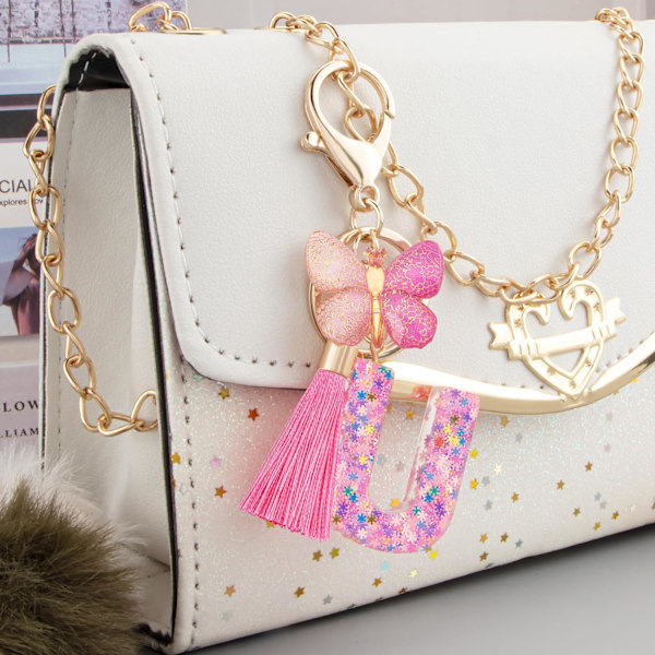 Sødt Rosa Nøglering til Kvinder Piger, Initialbogstav Nøglering med Kvast, Charms til Nøglepung Håndtasker Rygsække Colorful Pink Butterfly-u
