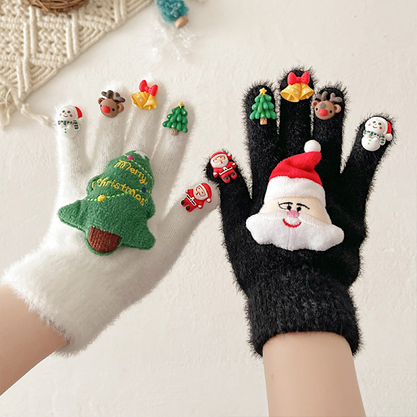 Julehandsker til Mænd og Kvinder i Vinter - Bløde og Varme Fem - fingers Handsker med Dukke Design til Udendørs Kørsel og Studerende, Sort White