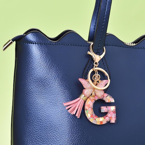 Mode Alphabet Initial Bogstav Nøglering Tassel Butterfly Vedhæng Nøglering til Pung Håndtasker Kvinder Pige Pink Butterfly Letter G