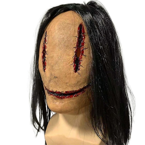 Stitch Female Ghost Latex Mask With Black Wig Halloween Party Horror Creepy Head Cover Fancy Dress Prop