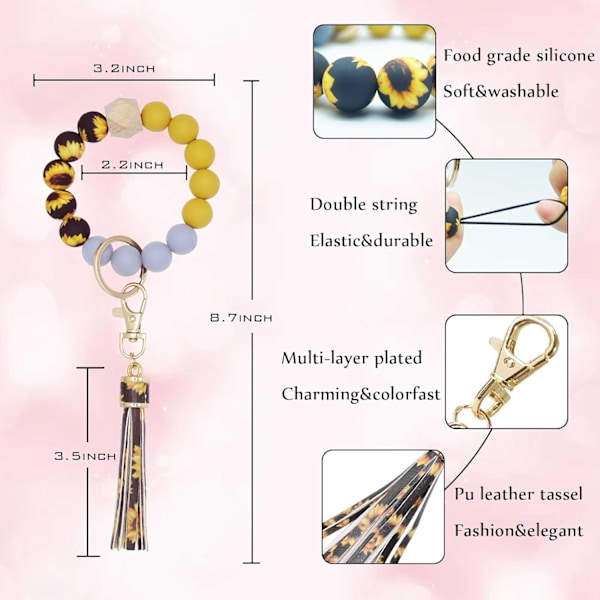 Silikonperle Armbånd Nøglering Håndledsrem Nøglering Bangle Kæder til Kvinder med Læder Kvast Sunflower