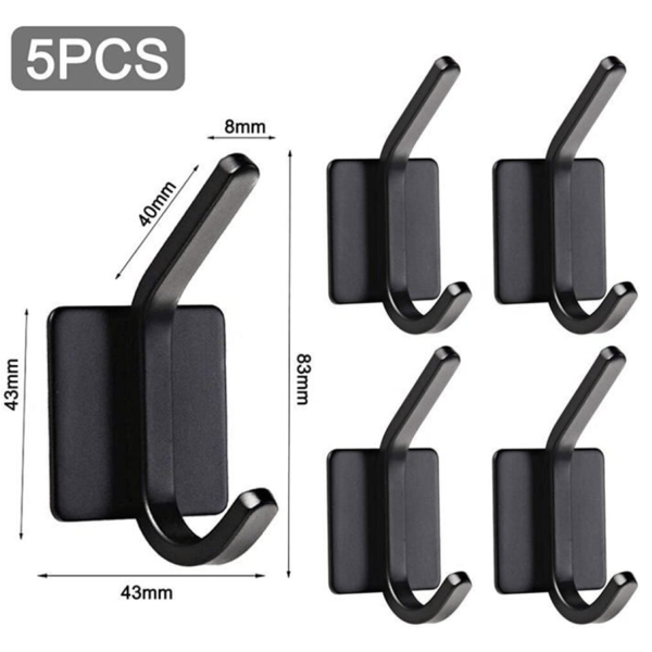 Selvklæbende kroge, pakke med 5, sort, vandtæt og rustfri, rustfrit stål. Black *5pcs