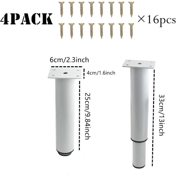 Vita Metallbordben 25-43 cm, Justerbara Ben, Kaffebordsben, Justerbara Bordben, Möbelfötter, Satsen Innehåller Skruvmejsel och Skruvar White
