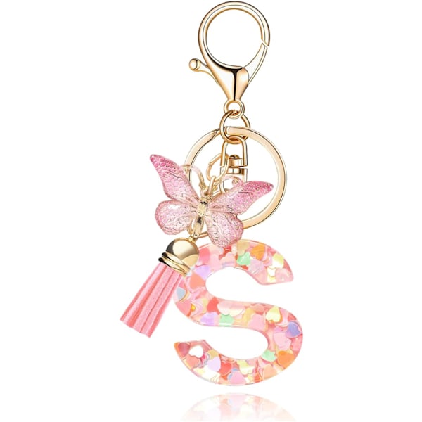 Mode Alphabet Initial Bogstav Nøglering Tassel Butterfly Vedhæng Nøglering til Pung Håndtasker Kvinder Pige Pink Butterfly Letter S