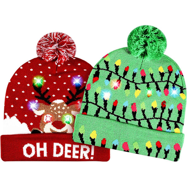 2-pack Jultomte LED-stickad mössa med blinkande ljus - Färgglada blinkande juldekorationer för fest (One Size Fits More) Green, Red