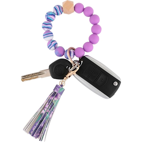 Silikonperle Armbånd Nøglering Håndledsrem Nøglering Bangle Kæder til Kvinder med Læder Kvast Lavender