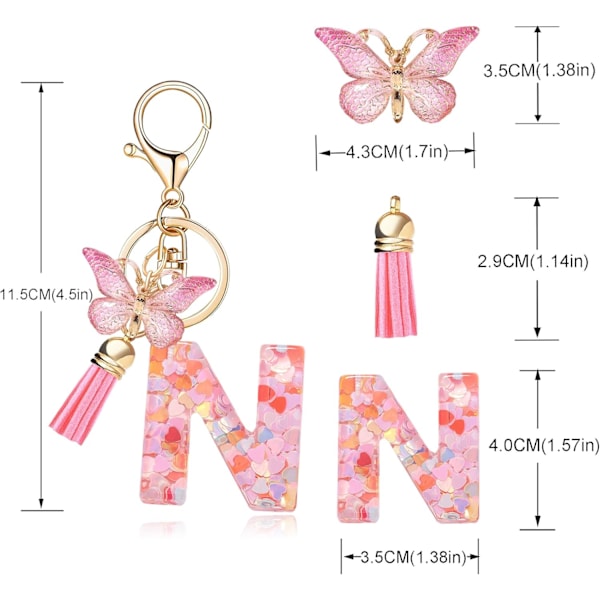 Mode Alphabet Initial Bogstav Nøglering Tassel Butterfly Vedhæng Nøglering til Pung Håndtasker Kvinder Pige Pink Butterfly Letter N