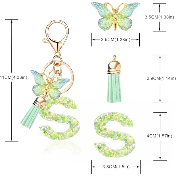 Mode Alphabet Initial Bogstav Nøglering Tassel Butterfly Vedhæng Nøglering til Pung Håndtasker Kvinder Pige Green Butterfly Letter S